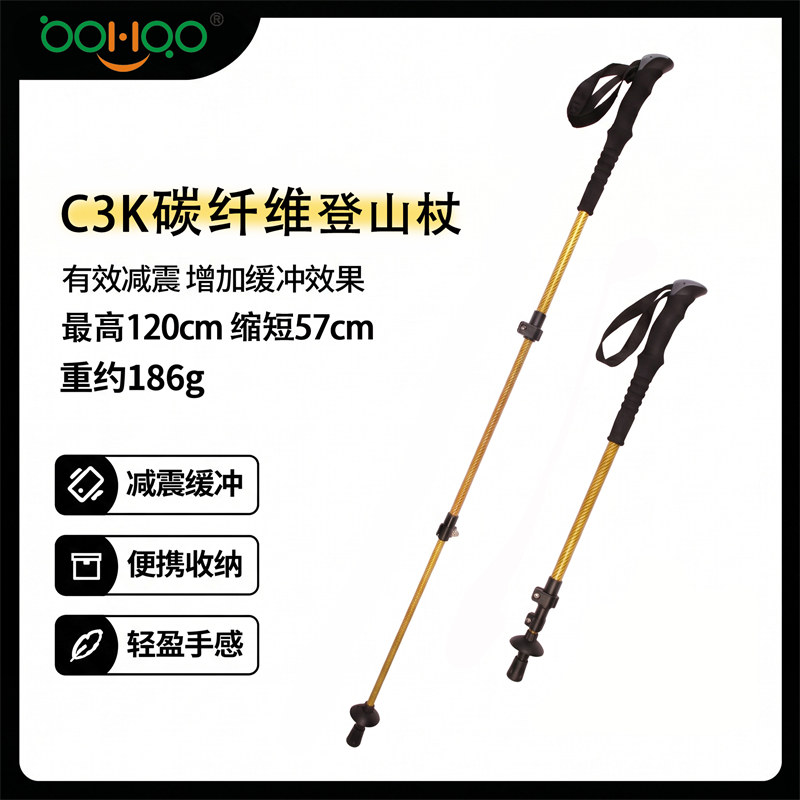 博皓 C3K碳纖維登山杖 超輕186g 兩節(jié)伸縮 戶(hù)外徒步手杖 便攜減震爬山杖防滑